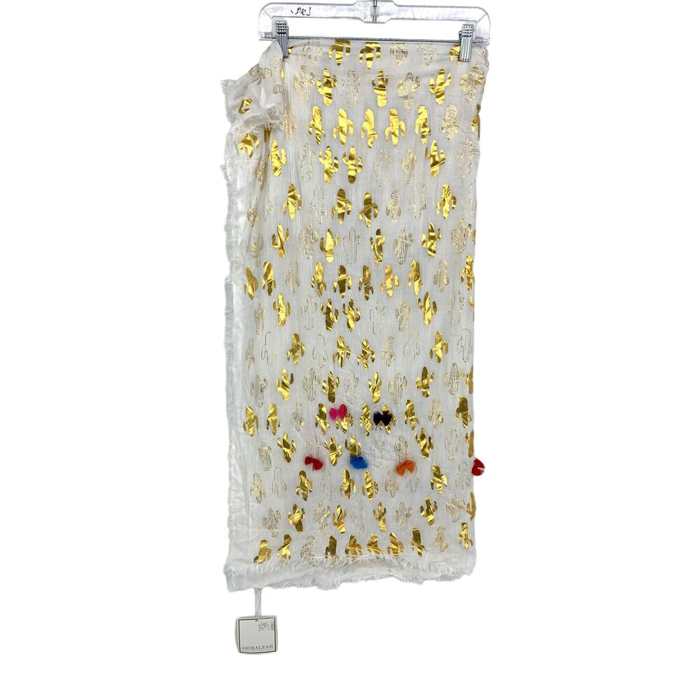 Shiraleah Cactus Print Scarf Ivory Metallic Gold Pom Poms 36" X 68" NEW